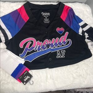 Spencer's Black Button-Front 'Proud' Crop Top with Pink, Purple & Blue Accents